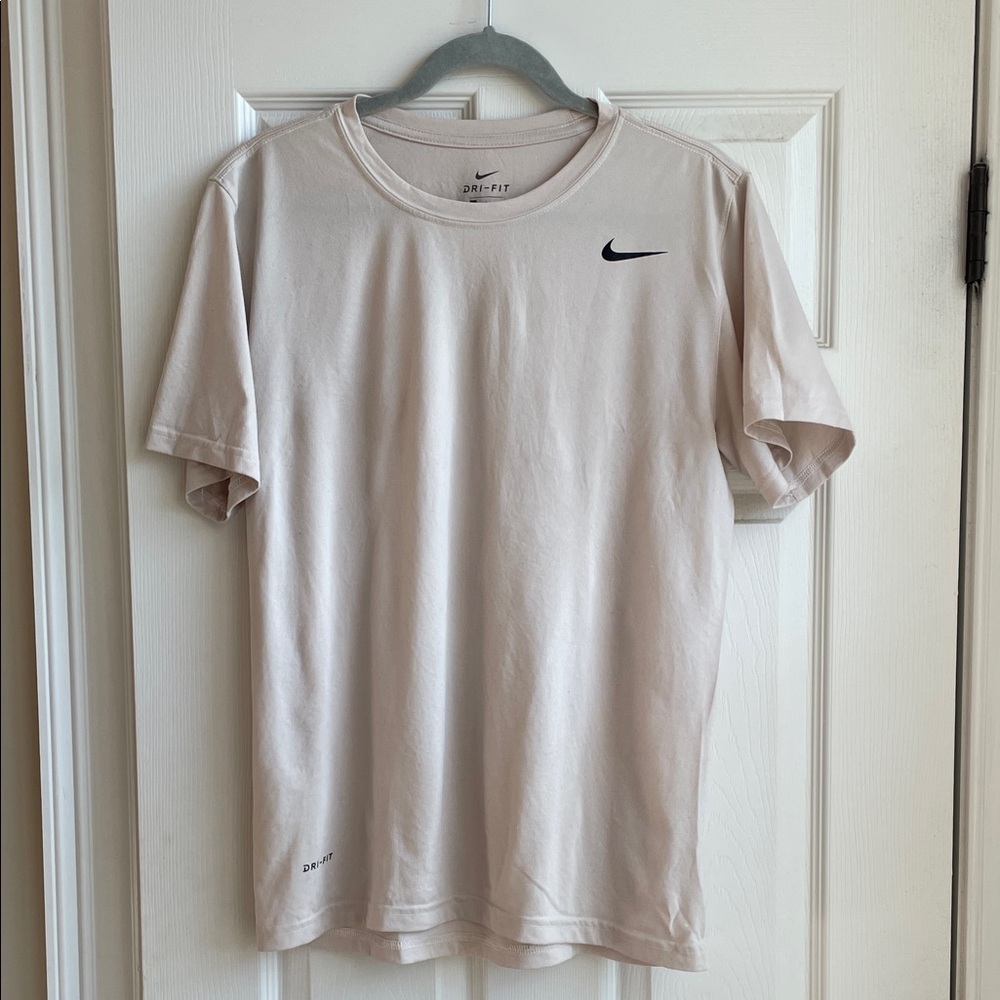 Nike Men's Short Sleeve Dri-FIT Tee — Light Beige with Black Swoosh L